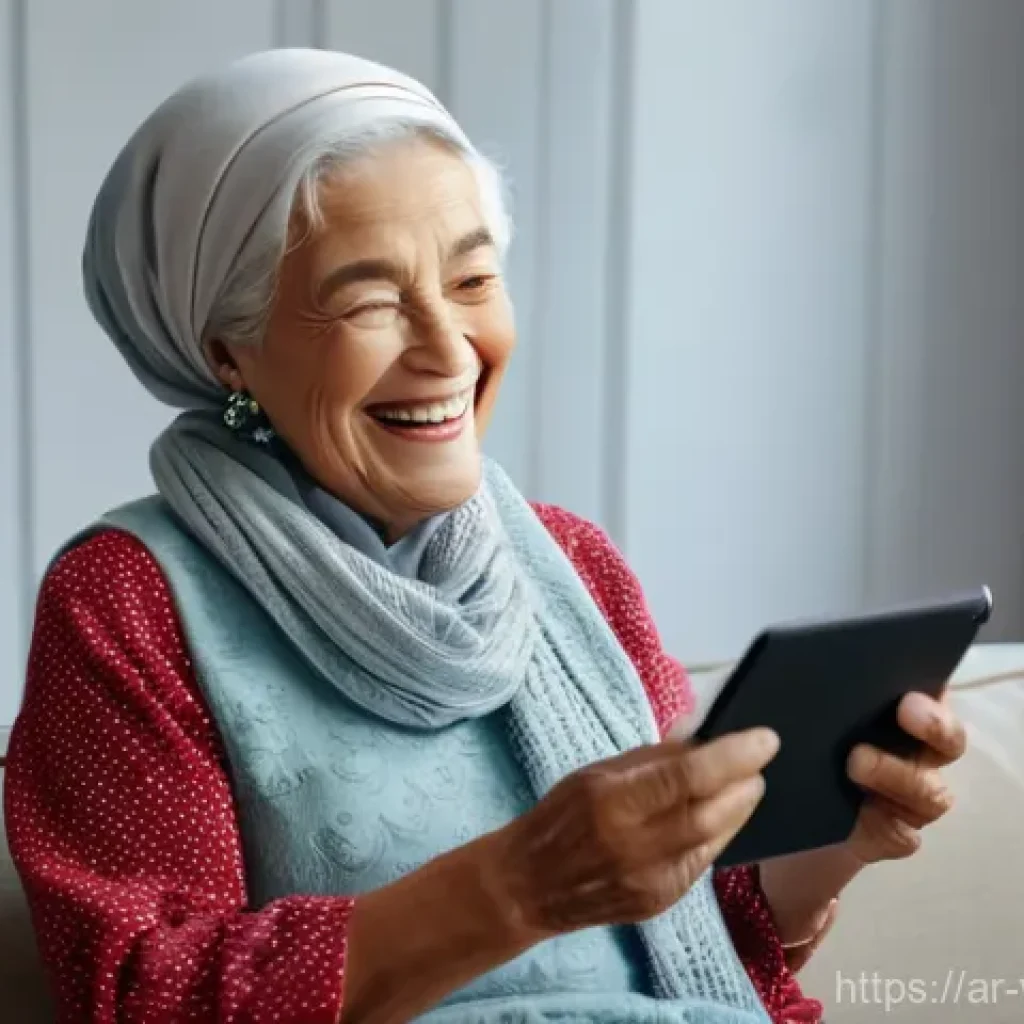 실버테크의 발전이 노인 복지에 미치는 영향 - **Prompt Title: Joyful Family Video Call** **Description:** A happy, elderly woman with a warm s...