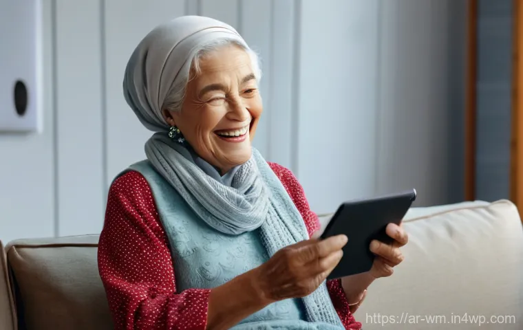 실버테크의 발전이 노인 복지에 미치는 영향 - **Prompt Title: Joyful Family Video Call** **Description:** A happy, elderly woman with a warm s...