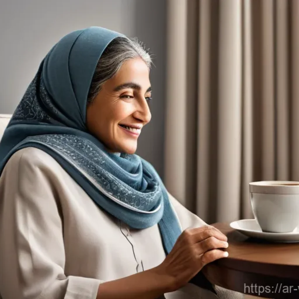실버세대를 위한 심리적 지원 기술 - **Prompt: Digital Companion in a Cozy Home** "A serene and warm image of an elderly Arab woman i...