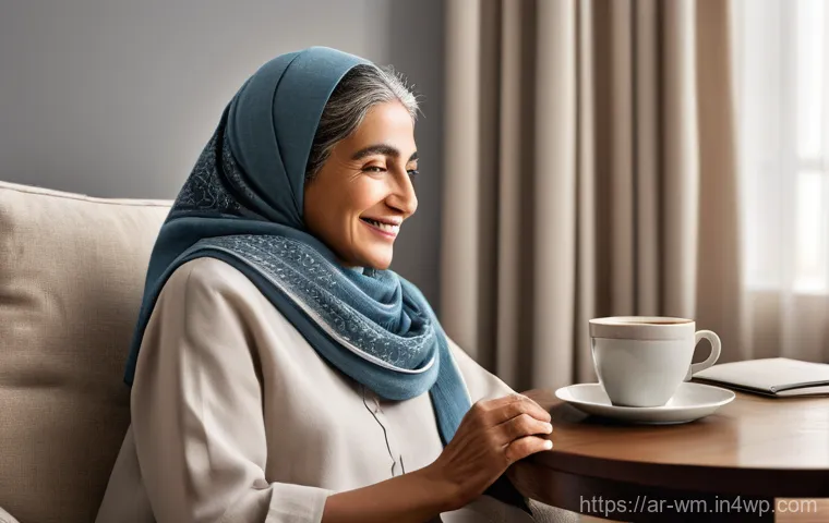 실버세대를 위한 심리적 지원 기술 - **Prompt: Digital Companion in a Cozy Home** "A serene and warm image of an elderly Arab woman i...