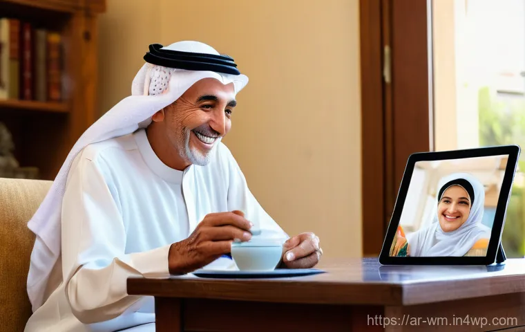 실버세대를 위한 심리적 지원 기술 - **Prompt: Digital Companion in a Cozy Home** "A serene and warm image of an elderly Arab woman i...