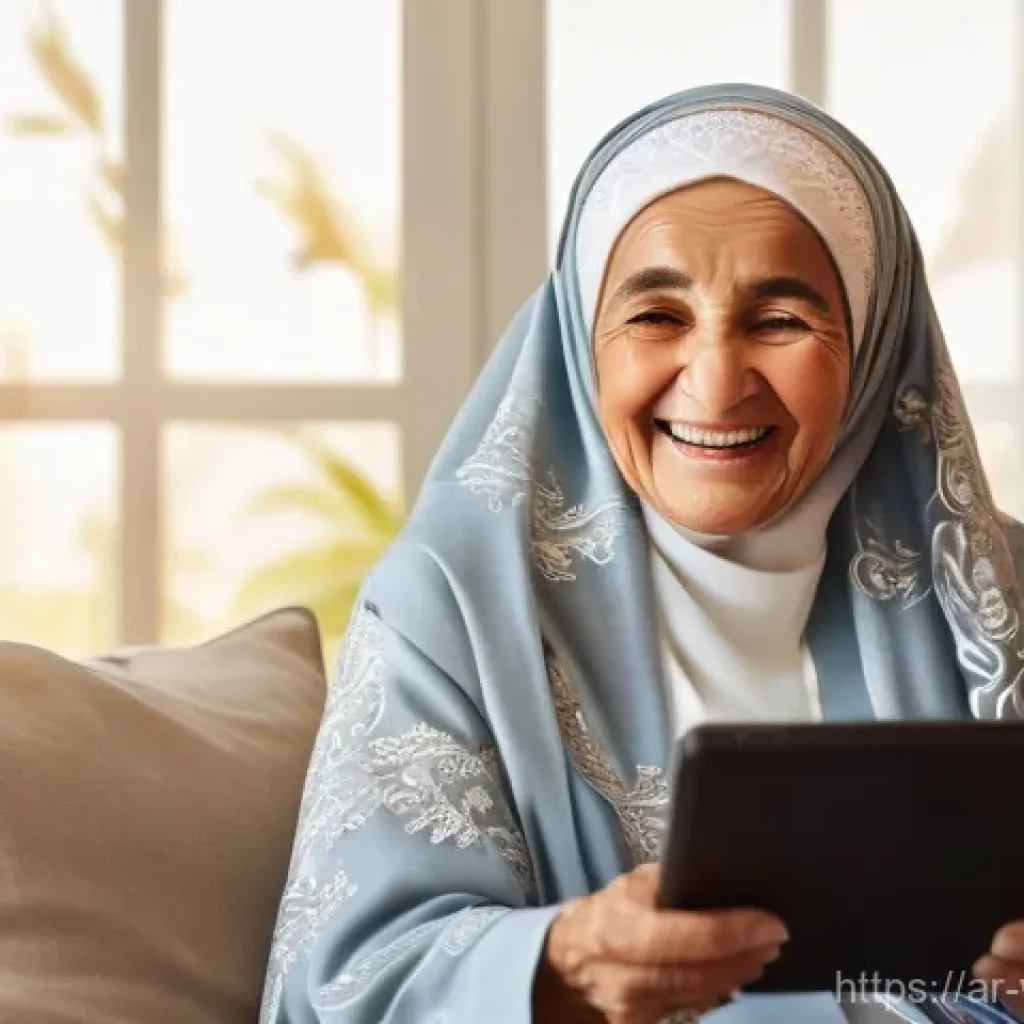 노인과 기술의 융합 과거 현재 미래 - **Prompt:** A heartwarming scene featuring an elderly Arab grandmother, with her traditional headsca...