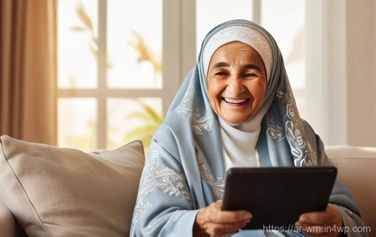 노인과 기술의 융합 과거 현재 미래 - **Prompt:** A heartwarming scene featuring an elderly Arab grandmother, with her traditional headsca...