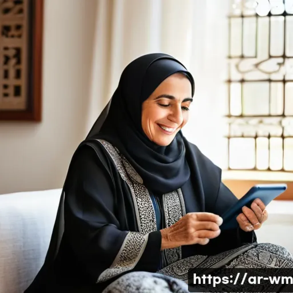 실버세대의 기술 활용 및 교육에 대한 연구 - "A wise elderly Arab woman, with kind eyes and a gentle smile, is comfortably seated in a beautifull...