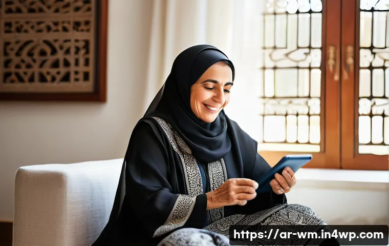 실버세대의 기술 활용 및 교육에 대한 연구 - "A wise elderly Arab woman, with kind eyes and a gentle smile, is comfortably seated in a beautifull...