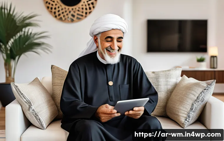 고령자를 위한 온라인 헬스케어 플랫폼 분석 - A warm, inviting scene depicting an elderly Arab man comfortably sitting in a modern living room, us...