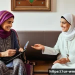 실버테크의 사회적 책임과 윤리적 고려사항 - A warm and inviting scene showing an elderly Arab woman wearing modest, culturally appropriate cloth...