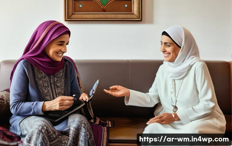 실버테크의 사회적 책임과 윤리적 고려사항 - A warm and inviting scene showing an elderly Arab woman wearing modest, culturally appropriate cloth...
