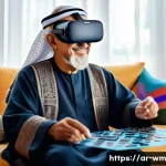 실버세대를 위한 가상 현실 VR 활용 방안 - An elderly Arabic man wearing traditional clothing and comfortable VR headset, seated in a cozy, sun...