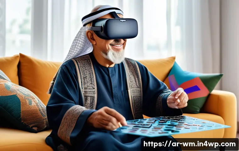 실버세대를 위한 가상 현실 VR 활용 방안 - An elderly Arabic man wearing traditional clothing and comfortable VR headset, seated in a cozy, sun...