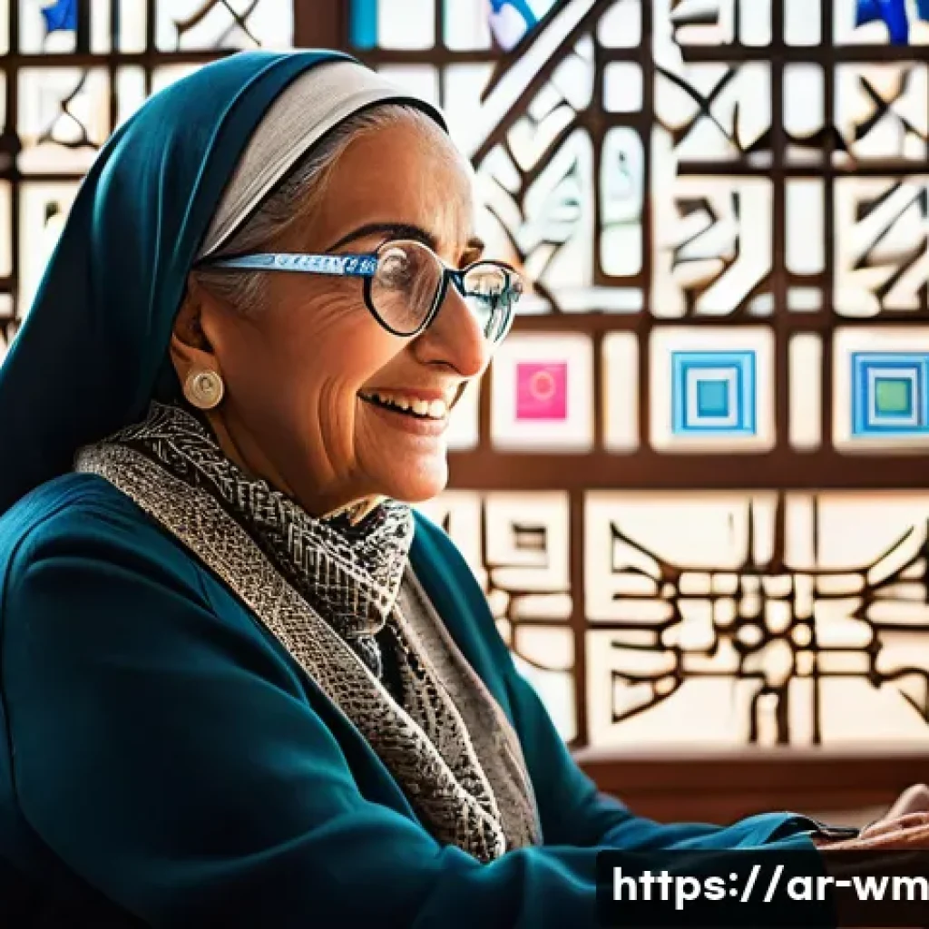 실버세대를 위한 정보 접근성 강화를 위한 방안 - A warm, inviting scene of an elderly Arab woman wearing modest, comfortable clothing and large glass...