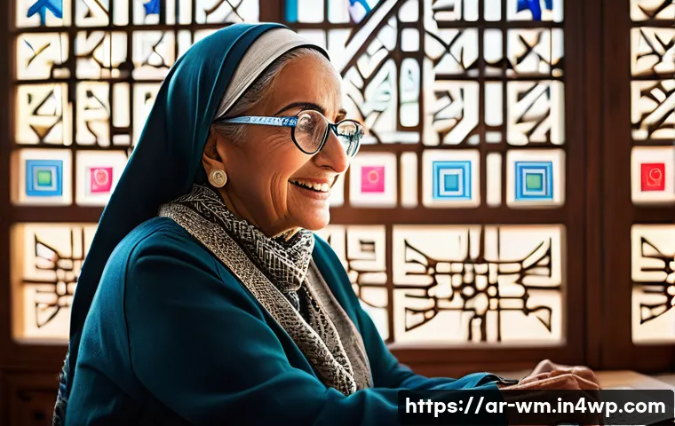 실버세대를 위한 정보 접근성 강화를 위한 방안 - A warm, inviting scene of an elderly Arab woman wearing modest, comfortable clothing and large glass...