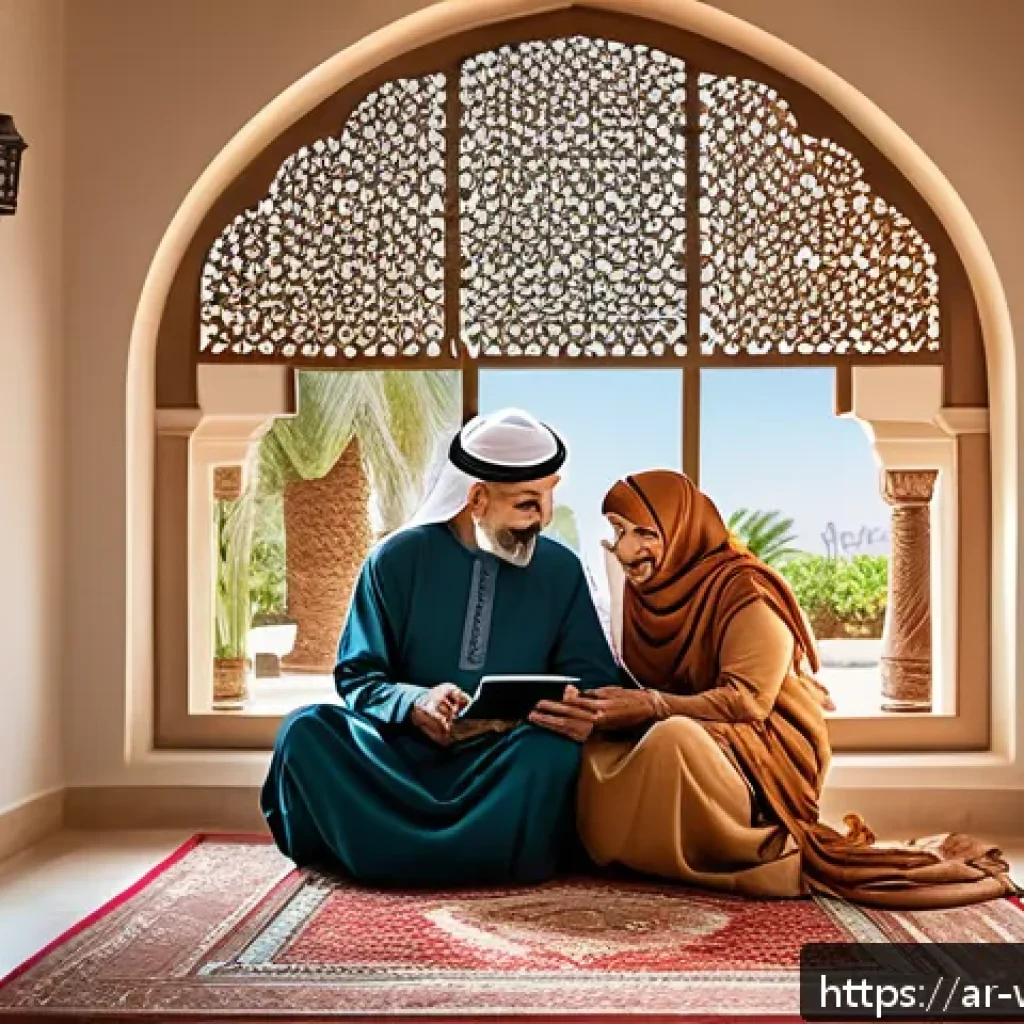 노인 건강 유지를 위한 스마트 기기의 역할 - A warm, inviting scene showing an elderly Arab man and woman sitting comfortably in a traditional Mi...