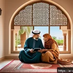 노인 건강 유지를 위한 스마트 기기의 역할 - A warm, inviting scene showing an elderly Arab man and woman sitting comfortably in a traditional Mi...