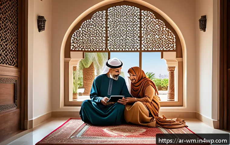 노인 건강 유지를 위한 스마트 기기의 역할 - A warm, inviting scene showing an elderly Arab man and woman sitting comfortably in a traditional Mi...