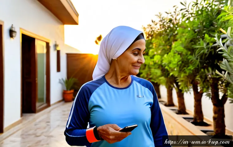 실버세대의 피트니스 기기 사용 현황 - Photorealistic Arab senior woman in modest sportswear and headscarf checking a simple fitness smartw...