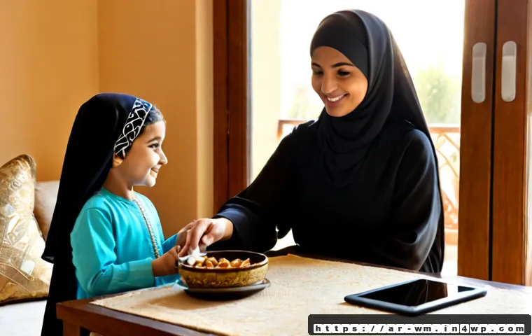 실버세대의 사회적 고립 문제 해결을 위한 기술 - Photorealistic warm living room in an Arab family home, an elderly Arab woman wearing a modest elega...