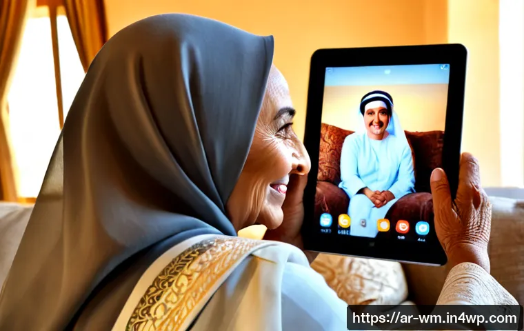 노인을 위한 테크 기반 사회적 지원 방안 - Photorealistic elderly Arab woman in modest elegant clothing using a tablet for a warm video call wi...